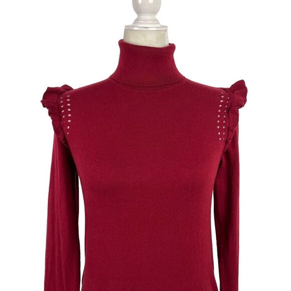 KATE SPADE New York Burgundy Ruffle Trim Cotton Cashmere Turtleneck Sweater XS - Picture 3 of 14